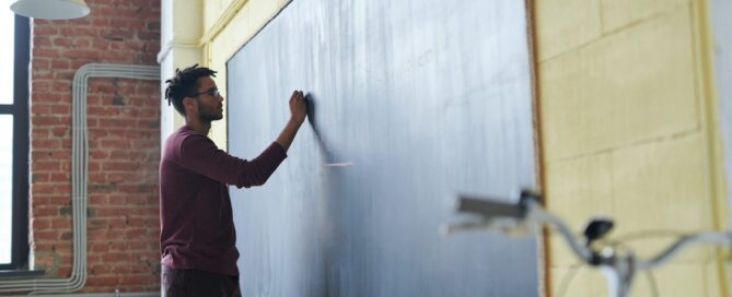 a man standing at a chalkboard working on the basics of creating a workshop
