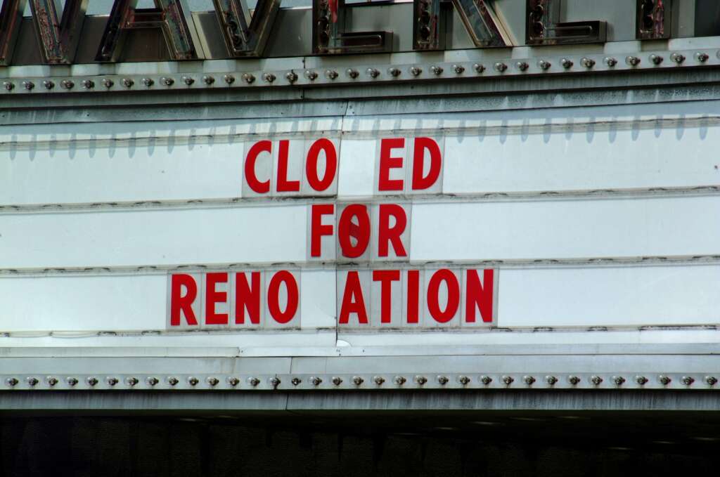 A sign reads "Closed for Renovation" with some letters missing